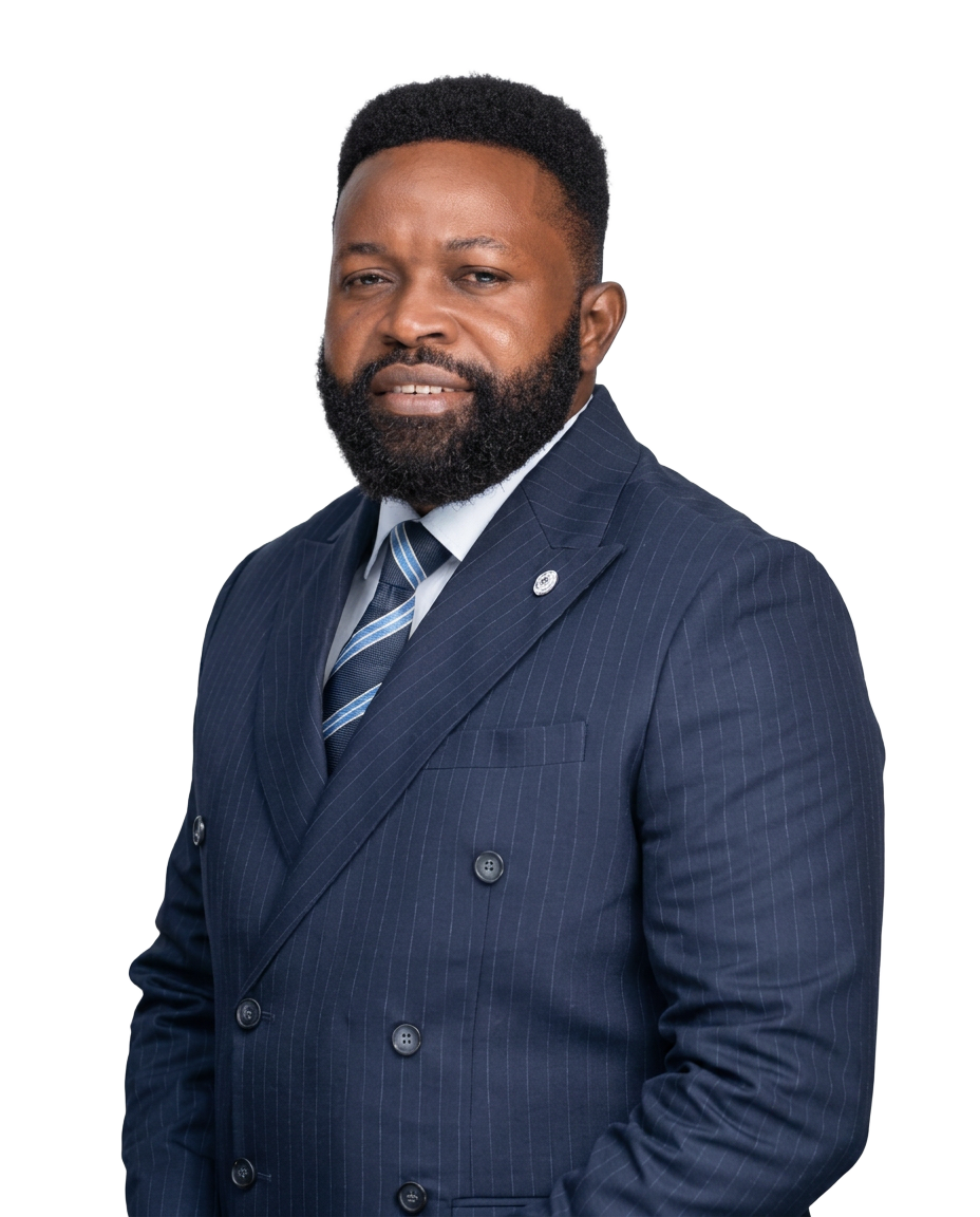 Emmanuel Bassey, executive, strategist and builder, in a navy pinstripe suit